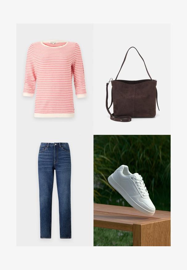 Maglietta a maniche tre quarti color corallo con strisce orizzontali bianche. Presenta un collo e polsini a coste, tessuto morbido e una vestibilità comoda.; Jeans in denim blu a vita alta con gamba dritta, caratterizzati da un leggero effetto consumato, chiusura con un bottone singolo e design a cinque tasche.; Sneaker bianco con tomaia in sintetico liscio, punta perforata, lacci piatti e suola testurizzata, esposto su una superficie di legno.; Borsa a spalla in suede marrone con una texture morbida, caratterizzata da una singola tracolla e un'apertura superiore leggermente curvata. Nessun dettaglio hardware visibile.