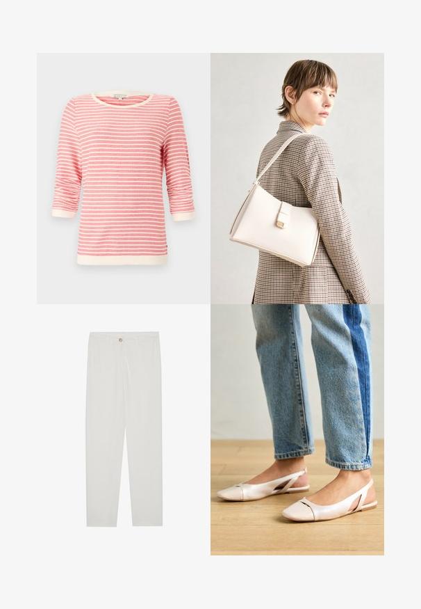 Camiseta de tres cuartos de manga en color coral con rayas horizontales blancas. Presenta un cuello y puños acanalados, tejido suave y un corte holgado.; Pantalones blancos, ajustados, con un diseño de pierna recta, que cuentan con un cierre de botón, lazos para cinturón y bolsillos laterales; textura de tela suave.; Bailarinas de color rosa pálido con tiras traseras y punta puntiaguda, fabricadas con un material similar al cuero suave. Presentan detalles recortados en los laterales y un tacón plano.; Bolso de mano de cuero blanco con un diseño estructurado, que presenta un cierre magnético y una correa para el hombro, exhibido sobre un fondo neutro.