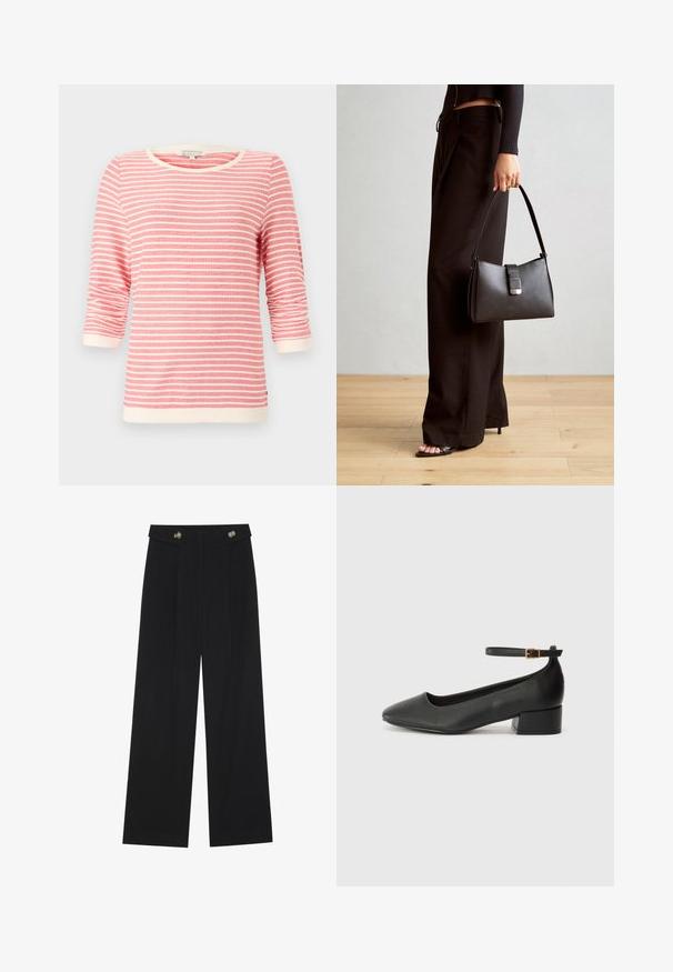 Trīs ceturtdaļu piedurkņu tops korallkrāsā ar baltām horizontālām svītrām. Iezīmēts ar ribotu kaklu un aprocēm, mīkstu audumu un brīvu piegriezumu.; Melnas platās bikses ar augstu jostasvietu, pogu detaļām uz jostas un priekšējām krokām.; Melnas ādas sūkņi ar smailu purngalu un zemu bloku papēdi. Iezīmēts ar potītes siksniņu ar zelta krāsas sprādzi. Gluda tekstūra.; Melnā somiņa ar strukturētu formu, gludu tekstūru un metālu sprādzi. Saskaņota ar platām melnām biksēm un sandālēm ar atvērtu purngalu uz koka grīdas.