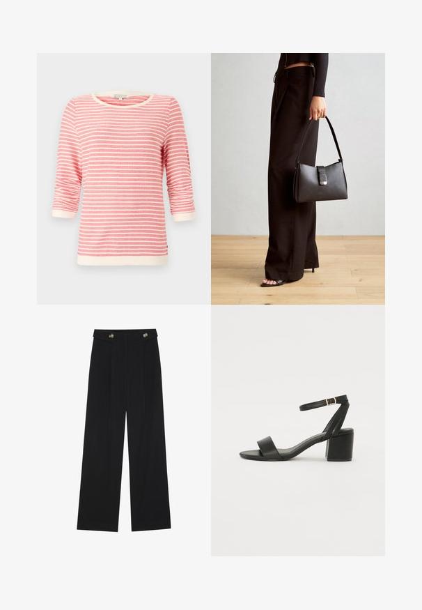 Kolmveerand varrukatega topp korallitoonis, millel on valged horisontaalsed triibud. Omab soonikust kaela- ja mansetivööde, pehmet kangast ning lõdva istuvust.; Mustat leveälahkeiset housut, joissa on korkea vyötärö, napit vyötärönauhassa ja etupuolella laskokset.; Mustat korkokenkä-sandaalit, joissa on sileä nahkapinta, avoin varvas, leveät etuvarteen strapit ja säädettävä nilkkastrap, jossa on kultainen solkiyksityiskohta.; Musta käsilaukku, jossa on rakenteellinen muoto, sileä pinta ja metallinen solki. Yhdistetty leveisiin mustiin housuihin ja avonaiheisiin sandaaleihin puulattialla.