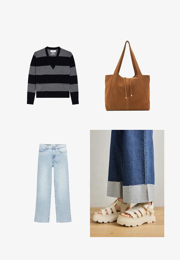 Scalpers Neule - black stripes; Vaaleansiniset leveälahkeiset farkut, joissa on korkea vyötärö, viisi taskua ja nappisuljenta. sisältää minimaalista ompelu- ja yksityiskohtaisuutta.; Beige platform-sandaalit paksuilla pohjilla, joissa on hihnallinen muotoilu ja säädettävät nilkkahihnat. Yhdistettyinä leveälahkeisiin farkkuihin, joiden yksi helma on revitty.; Ruskea nubuk-olkalaukku, jossa on kaksi pitkää hihnaa, naru- ja minimalinen sulkemismekanismi. Tasainen pinta ja ei näkyviä metalliosia.