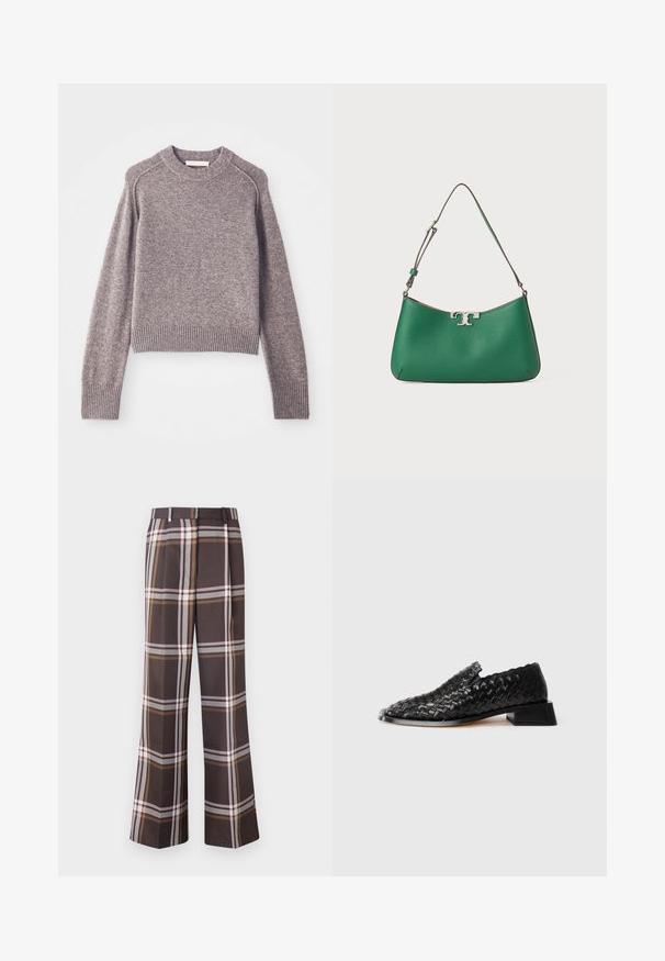 Hellbrauner gestrickter Pullover mit langen Ärmeln, gerippten Manschetten und Saum sowie rundem Ausschnitt.; Stine Goya FRONT PLEAT LONG STRAIGHT PANTS CASUAL TAILORING - Stoffhose - dark brown; Schwarzer, geflochtener Leder-Slipper mit niedrigem Blockabsatz und gewelltem Rand, auf weißem Hintergrund präsentiert.; Grüne Lederhandtasche mit geschwungener Form, silbernen Hardware-Akzenten, strukturiertem Finish und einem einzelnen verstellbaren Schulterriemen.