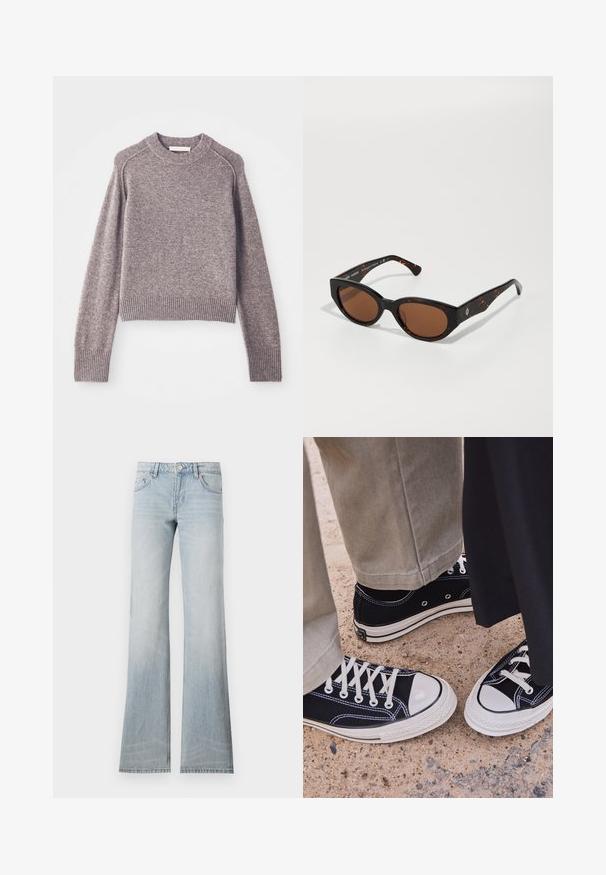Svetlohnedý pletený sveter s dlhými rukávmi, rebrovanými manžetami a lemom, a okrúhlym výstrihom.; Svetlomodré riflové nohavice s rozšírením, so vzorom vyblednutia, piatimi vreckami a zapínaním na gombík. Tkanina má hladkú textúru a jemný elastický efekt.; Čierne plátené tenisky s bielymi gumenými špičkami a šnúrkami. Kontrastné švy a kovové očká pridávajú detail. Nosené s béžovými nohavicami a čiernou látkou.; Čierne korytnačkovité slnečné okuliare s hnedými sklami, s ostrým dizajnom a širokými ramenami, obsahujúcimi jemný detail loga. Hladký plastový povrch.; Zelená semišová taška s mäkkou textúrou, uvoľneným dizajnom a prešitými švami. Zahrnuje jeden popruh a otvorenú hlavnú priehradku.
