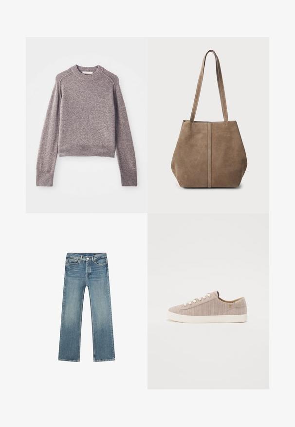 Maglione lavorato a maglia color marrone chiaro con maniche lunghe, polsini e orlo a costine, e scollatura tonda.; Jeans in denim azzurro chiaro con taglio dritto, design a cinque tasche e cuciture a contrasto. Presentano una chiusura con zip e bottone in metallo.; Sneaker in tela beige chiaro con superficie texturizzata, punta rotonda, occhielli bianchi e soletta in gomma crema. Design minimalista con accenti sottili.; Borsa tote in suede marrone con due lunghe maniglie, dettaglio con cucitura verticale sulla parte anteriore e una texture morbida. Design spazioso adatto per l'uso quotidiano.