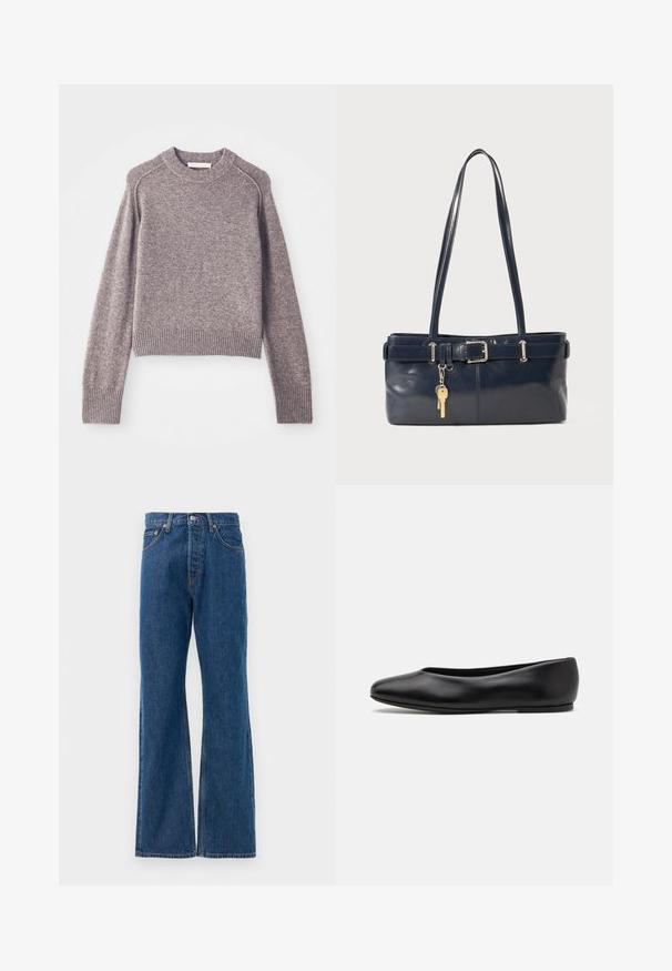 Jasnobrązowy sweter z dzianiny z długimi rękawami, prążkowanymi mankietami i dołem oraz okrągłym dekoltem.; Niebieskie dżinsy z rozszerzanymi nogawkami, wysokim stanem, pięcioma kieszeniami, zapięciem na srebrny guzik i widocznymi przeszyciami.; Paul Smith TOPANGA czarny; Granatowa skórzana torebka z dwoma długimi uchwytami, detalem w postaci klamry oraz dołączonym breloczkiem. Charakteryzuje się gładką teksturą i prostokątnym kształtem.