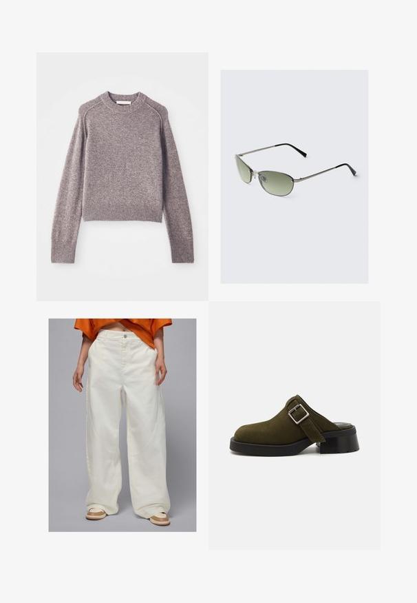 Hellbrauner gestrickter Pullover mit langen Ärmeln, gerippten Manschetten und Saum sowie rundem Ausschnitt.; Weite weiße Jeans mit Seitentaschen und geradem Schnittdesign, ausgestattet mit einem Knopfverschluss und kontrastierenden Nähten.; Olivgrüner Wildleder-Mule mit einem niedrigen, klobigen schwarzen Absatz. Verfügt über einen Seitenriemen mit einer silbernen Schnalle zur Anpassung. Insgesamt glatte Textur.; Metallsonnenbrille mit schmalen grünen Gläsern, schlankem silbernen Rahmen und schwarzen Bügelspitzen. Verfügt über kleine Nasenpads für zusätzlichen Komfort.; Strang aus dunklen Perlen mit schillernden Flecken, rund und scheibenförmig, verbunden mit einem Goldketteverschluss auf einem schlichten weißen Hintergrund.