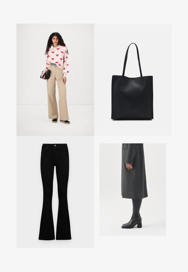 Kootud sviiter roosade südamemustritega, kreemjas aluses, koos beeži laiade pükstega. Mudel hoiab käes musta tekstuuriga käekotti. Mustad tossud.; Mustad kõrge vöökohtadega teksad, millel on nööp ja lukuga sulgemine, esikäe taskud ja laienevad sääred, asetatud tasasele valgele taustale.; Hallhalline, kohandatud ülikond jakk sirge lõikega; kombineeritud kuni põlveni ulatuvate mustade nahast saapadega, millel on nelinurkne varvas ja paks konts.; Mustast nahast kott sujuva tekstuuriga, ristkülikukujuline ja kahe pika sangaga. Pole nähtavat riistvara ega kaunistusi.