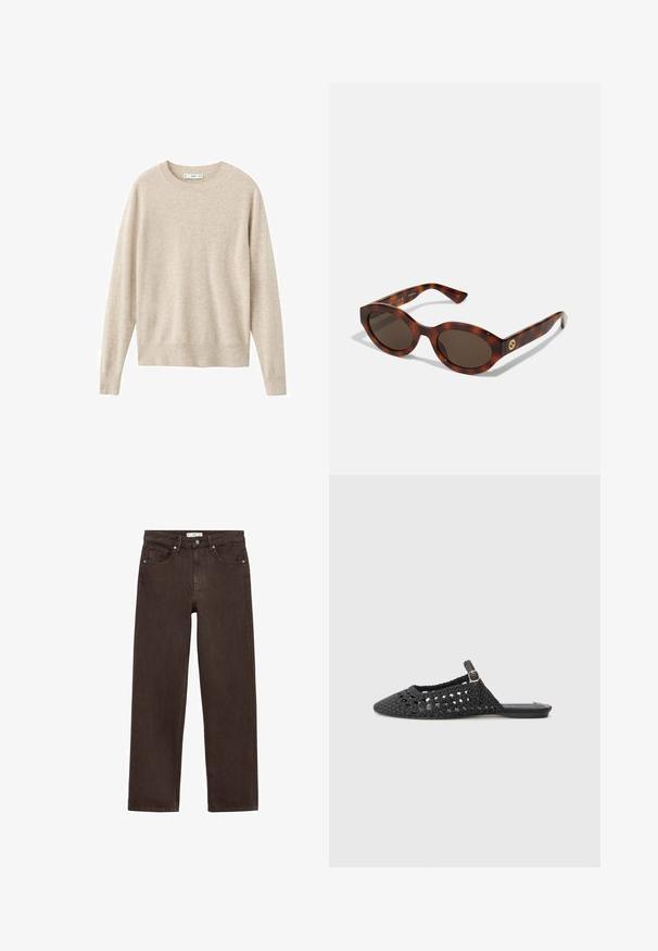 Pulover bej din material moale, cu guler rotund și mâneci lungi. Design simplu, fără modele sau decorațiuni.; Jeans largi maro din denim, cu un design clasic cu cinci buzunare, închidere cu nasture și detalii subtile de cusătură.; Pantof de tip slingback, negru, împletit, cu vârf ascuțit, material texturat, detaliu cu cataramă pe lateral și talpă plată.; Ochelari de soare din tortoiseshell cu rame rotunde, lentile întunecate și detalii cu logo auriu pe brațe. Material plastic neted, fără modele vizibile.; Geantă de umăr din pânză navy cu o formă moale și structurată, având o curea neagră, detalii cusute și un eticheta mică a brandului.