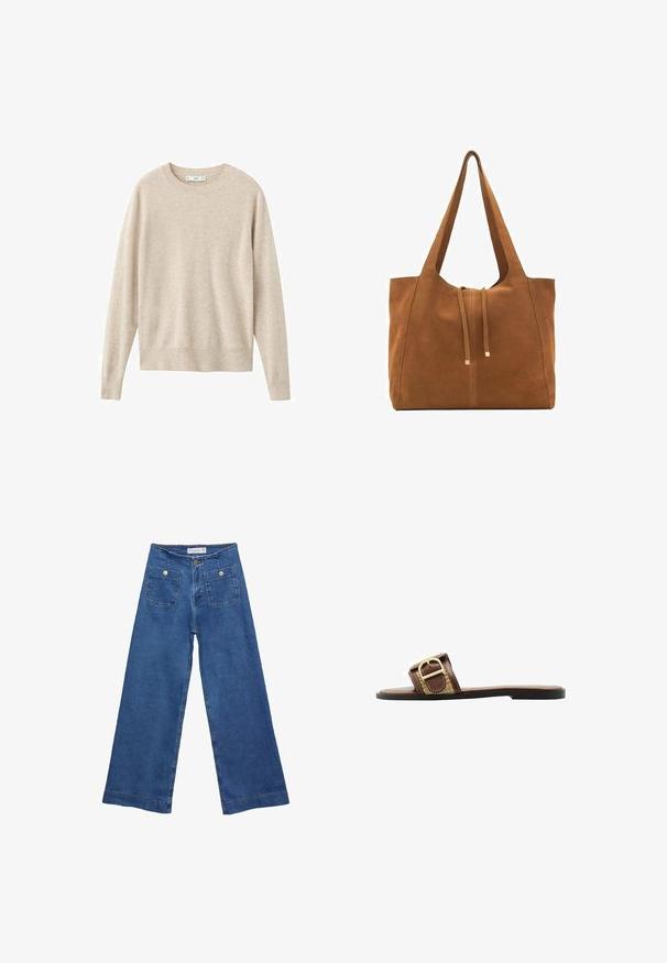 Beige svetr vyrobený z měkkého materiálu, s kulatým výstřihem a dlouhými rukávy. Jednoduchý design bez vzorů nebo ozdob.; Džínové kalhoty širokého střihu s středně modrým omakem, dvěma předními kapsami se zapínáním na knoflíky a prošíváním podél lemů.; Hnědé kožené skládací sandály s širokým páskem a akcentem ze zlaté spony a strukturovaným vzorem, umístěné na ploché černé podrážce.; Hnědá semišová taška s dvěma dlouhými popruhy, stahovací šňůrkou a minimalistickým designem. Hladký povrch a žádné viditelné kovové akcenty.