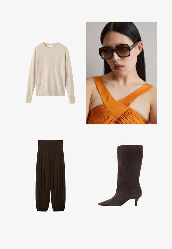 Beige tröja av mjukt material, med rund halsringning och långa ärmar. Enkel design utan mönster eller dekorationer.; Bruna plisserade byxor med ett brett, elastiskt midjeband. Tyget är lätt och strukturerat, med samlade fållar vid bensluten.; Brun mocka knähög stövel med spetsig tå och medelhög klack, med en slät textur och elegant design.; Bruna sköldpaddsmönstrade solglasögon i storlek oversized med en bred rektangulär båge och gradientlinser. Guldlogo på sidan.