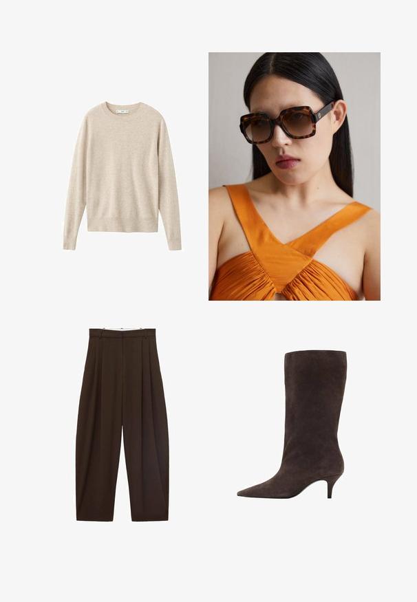 Beige sweater made of soft material, featuring a round neckline and long sleeves. Simple design without patterns or embellishments.; Brown high-waisted trousers with pleats, made of smooth fabric. Loose fit, straight leg design, featuring belt loops and a zip fly.; Brown suede knee-high boot with a pointed toe and a mid-height heel, featuring a smooth texture and sleek design.; Brown tortoiseshell oversized sunglasses with a wide rectangular frame and gradient lenses. Gold logo detail on the side.; Brown suede handbag with a long leather strap, silver hardware, a rectangular shape, and a flat flap featuring a central embellishment.