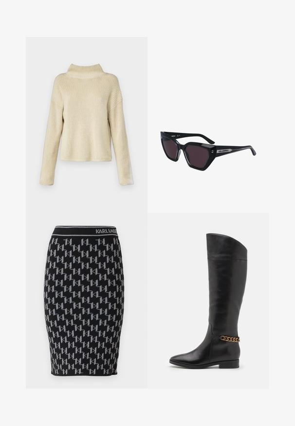Maglione a maglia color crema con colletto alto, caratterizzato da una vestibilità comoda e una texture a coste, maniche lunghe e lunghezza cropped.; Gonna a tubino nera in maglia con un motivo ripetuto del logo grigio "KL" e una vita nera con il nome del brand "KARL LAGERFELD."; Alti stivali in pelle nera dal design elegante, punta affusolata e dettagli in catena dorata alla caviglia. Tacco a blocco basso. Texture liscia.; Occhiali da sole neri con design a occhio di gatto, dotati di lenti scure, finitura lucida e sottili accenti del logo sulle asticelle.