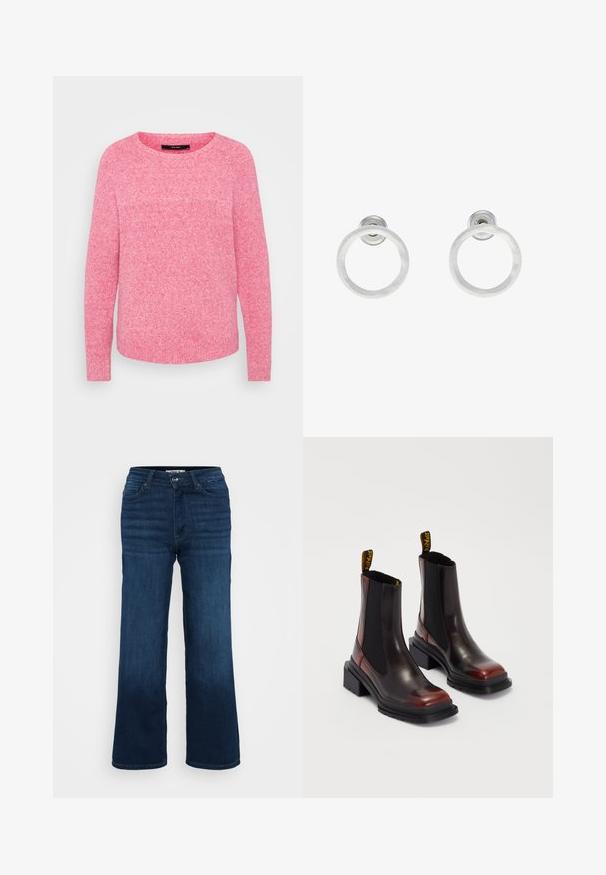 Roza pletena svetilka z okroglo ovratnico, dolgimi rokavi in teksturirano površino. Preprost dizajn brez vidnih vzorcev ali dodatkov.; ONLY Petite ONLMADISON BLUSH WIDE - Široke hlačnice - dark blue denim; Dr. Martens MAYBOLE CHELSEA - Gležnjarji s platformo - black/cherry red; Srebrni kovinski obročasti uhani z brušenjem, s krožno obliko in prozornim zatičem za varno nošenje.