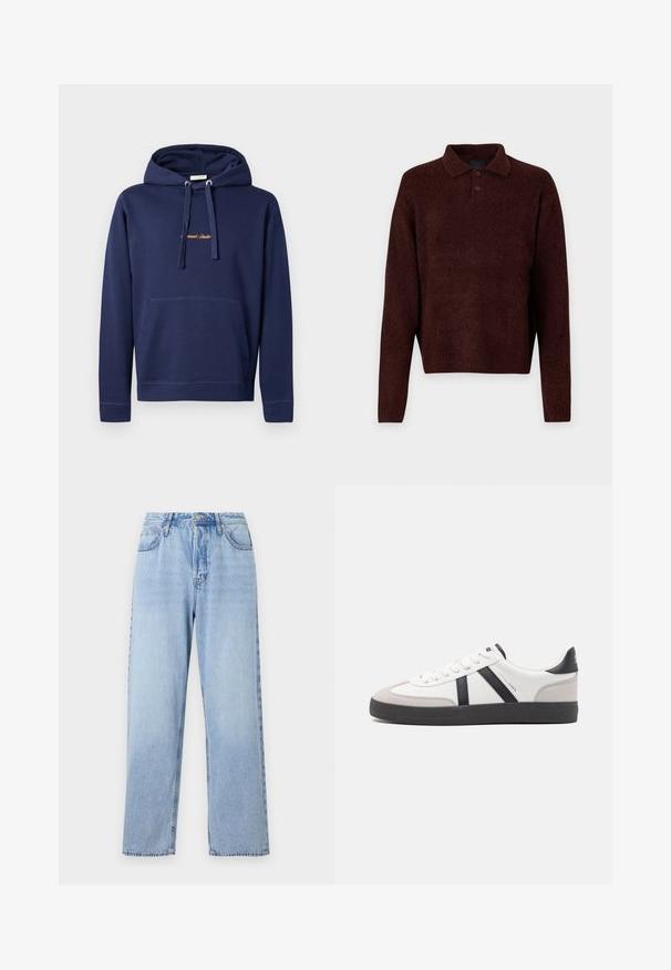 Felpa blu navy in cotone con tasca a marsupio, cappuccio con cordino e testo ricamato sul petto. Design semplice con polsini a coste.; Pullover marrone lavorato a maglia con colletto polo, tre bottoni al collo e maniche lunghe. Texture morbida, polsini e orlo a costine.; Jeans in denim blu chiaro con vestibilità dritta, vita alta, cinque tasche e chiusura con bottone superiore. Presentano un lavaggio sbiadito e cuciture a contrasto.; Sneaker bianco con accenti neri e grigi, dotata di una punta grigia testurizzata, suola in gomma nera e lacci bianchi piatti. Design pulito, stile minimalista.
