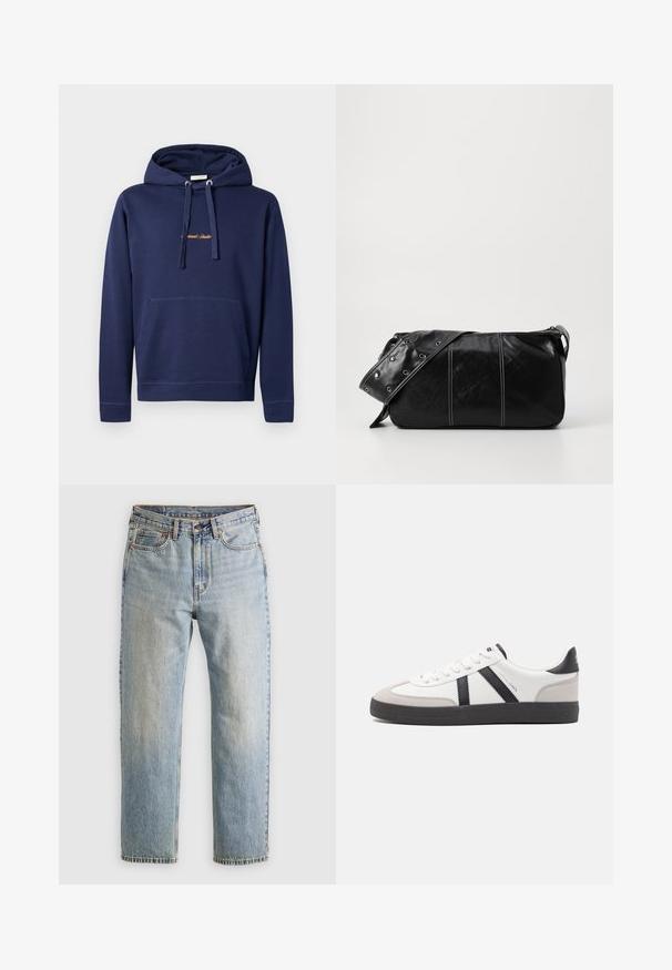 Navyblauer Hoodie aus Baumwolle mit Kängurutasche, Kapuze mit Kordelzug und besticktem Text auf der Brust. Einfaches Design mit gerippten Bündchen.; Helle blaue Jeans mit hoher Taille, Frontknopf, Reißverschluss und fünf Taschen-Design, flach auf einem neutralen Hintergrund ausgelegt.; Weiße Sneaker mit schwarz- und grau-aczenten, ausgestattet mit einer strukturierten grauen Zehenkappe, schwarzer Gummi-Sohle und flachen weißen Schnürsenkeln. Sauberes Design, minimalistische Stil.; Schwarze Leder Schultertasche mit Reißverschluss, ausgestattet mit einer strukturierten Oberfläche, weißen Nähten und einem Tragegurt mit silbernen Ösen.