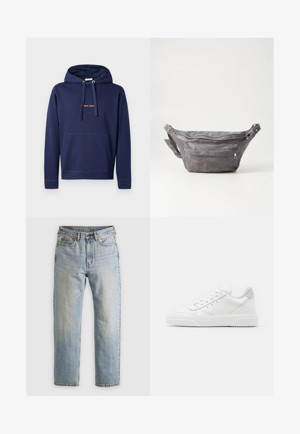Sudadera azul marina de algodón con un bolsillo tipo canguro, capucha con cordón y texto bordado en el pecho. Diseño simple con puños acanalados.; Jeans de mezclilla azul claro de cintura alta, con botón frontal, cremallera y diseño de cinco bolsillos, dispuestos sobre un fondo neutro.; Zapatillas de cuero blanca con un acabado suave, punta redondeada, cordones planos y una suela texturada. Acento de ante gris en el talón.; Riñonera de ante gris con forma redondeada, dos compartimentos con cremallera y correa ajustable. Presenta acentos de metal.