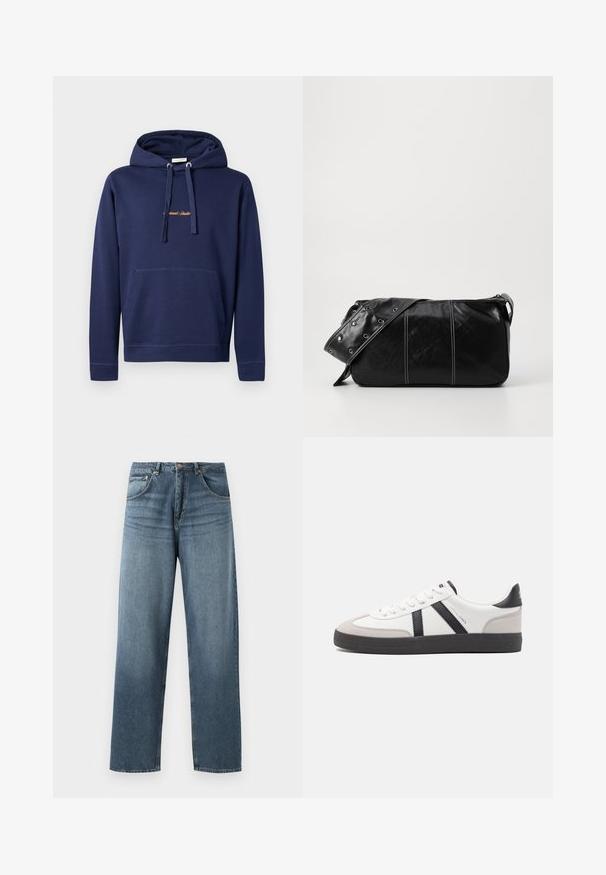 Tamsiai mėlynas megztinis su kapišonu, pagamintas iš medvilnės, turi kengūros kišenę, raištelį kapišone ir išsiuvinėtą tekstą ant krūtinės. Paprastas dizainas su gaubtuotais manžetais.; Tiesi blue džinsai su tiesiomis kojomis, turintys nublukusią apdailą, su penkių kišenių dizainu, metaline saga ir diržo kilpomis. Tvirto vidutinio svorio audinys.; Balti sportbačiai su juodais ir pilkais akcentais, pasižymintys tekstūruotu pilku pirštų dangteliu, juoda gumine padais ir plokščiomis baltomis raišteliais. Švarus dizainas, minimalistinis stilius.; Juodas odinis pečių krepšys su užtrauktuku, turintis tekstūruotą paviršių, baltą siuvinėjimą ir dirželį su sidabinėmis metalinėmis detalėmis.