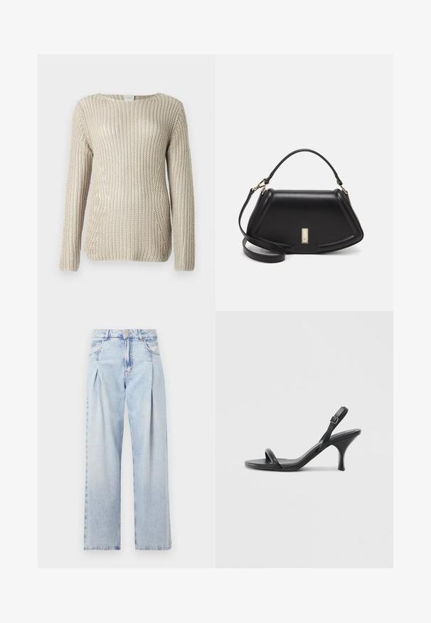 Suéter de punto beige con un diseño suelto y texturizado, cuello ancho y mangas largas, fabricado en un material suave y ligero.; Jeans de mezclilla azul claros con cintura alta, corte de pierna ancha, dos bolsillos laterales y un diseño plisado. Textura suave con un acabado deslavado.; Sandalias de tacón alto de cuero negro con un tacón delgado y curvado y un diseño de tiras cruzadas. Correa para el tobillo ajustable. Textura suave.; Bolso de mano de cuero negro con un diseño estructurado, que presenta una forma recortada, asa superior y acentos en dorado. Correa de hombro ajustable incluida.