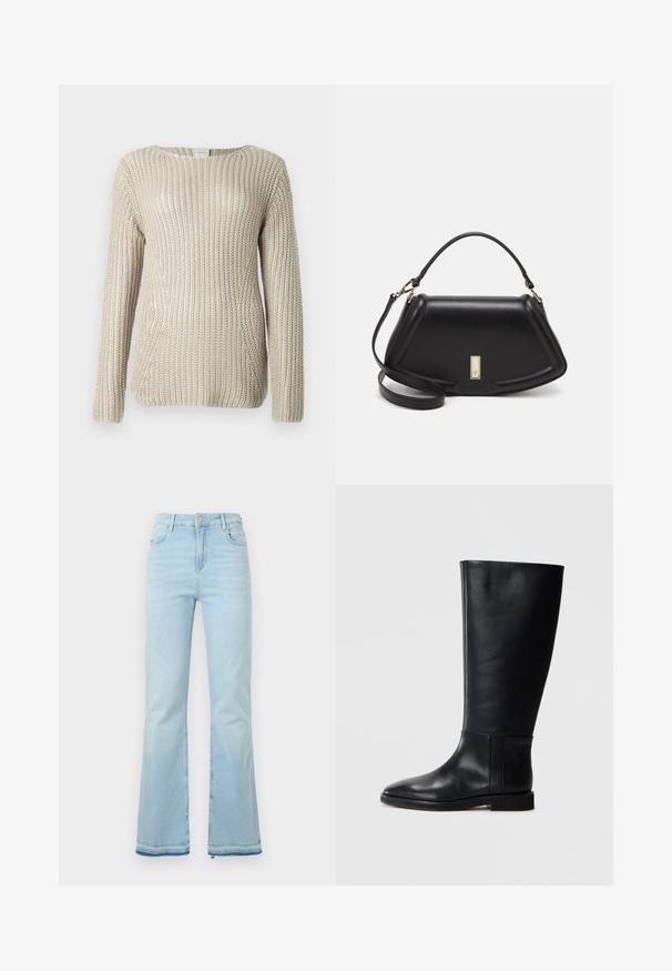 Beige koekud seljas elastne, tekstuuriga disain, lai kaelus ja pikad varrukad, valmistatud pehmest ja kergest materjalist.; Heledad helesinised teksad, mis on valmistatud denimist, kõrge vöökohaga, esikottidega ning toore äärtega sääreosas, et luua lõdvestunud välimus.; Mustadast mustad nahast põlve kõrgus kingad, ümarate varvastega, siledast tekstuurist, minimalistlikus disainis ja lame tallaga. Lihtsad õmbluse detailid varrel.; Must mustrist käekott, millel on struktureeritud disain, lühendatud kuju, ülemine käepide ja kuldne metallist detail. Reguleeritav õlalihm on kaasas.