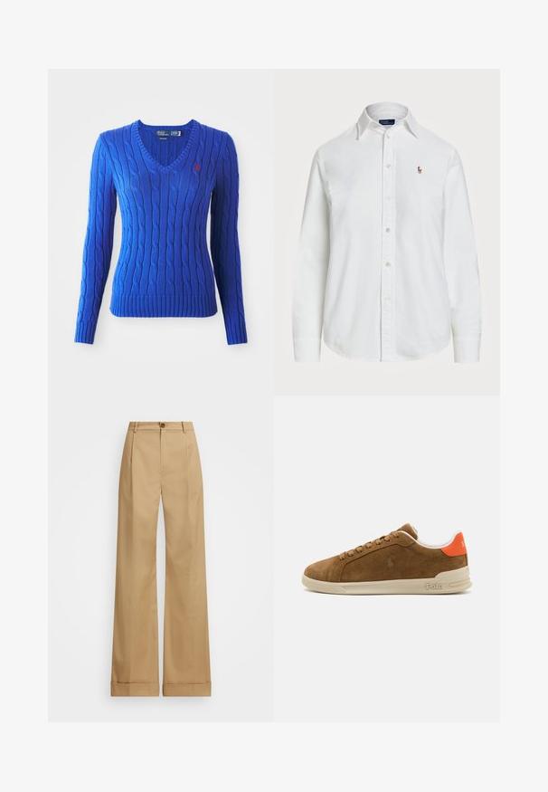 Suéter azul em malha com padrão de trançado, decote em V, mangas longas e bainha canelada. Apresenta um pequeno logótipo vermelho de polo no lado esquerdo do peito.; Camisa branca de botão, feita de algodão, com colarinho clássico, mangas longas e um pequeno logótipo bordado no peito. Tecido texturizado.; Calças largas beje com fecho de botão, apresentando uma textura suave e pregas vincadas. Bainhas com punho para um detalhe adicional.; Sapatilha de camurça castanha com uma sola de borracha creme, apresentando detalhes laranja no calcanhar e um pequeno logótipo na lateral.