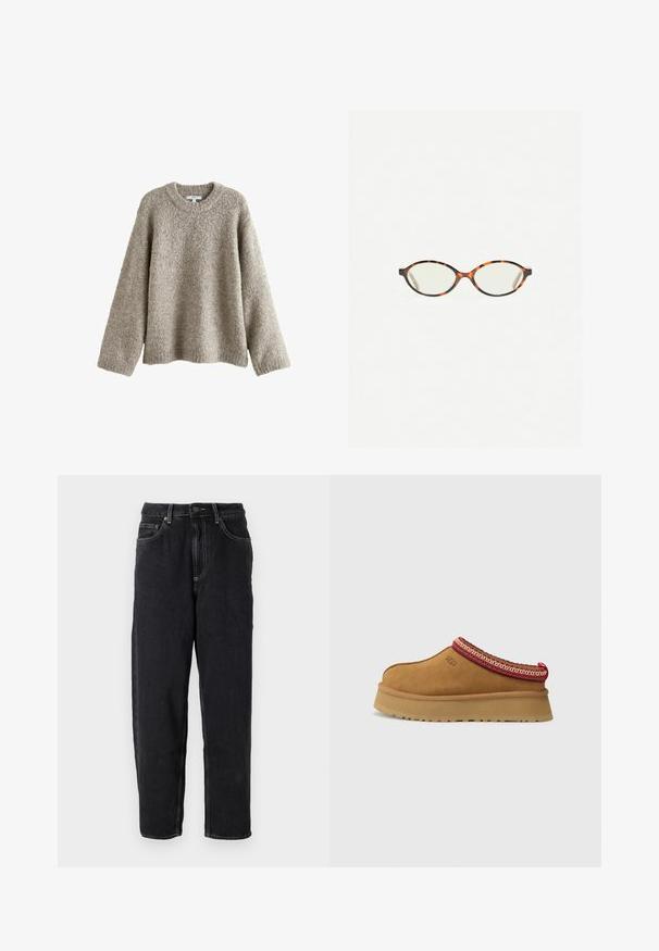 Vaaleanruskea, teksturoitu neulepaita, jossa on pyöreä kaula-aukko, lasketut hartiat ja pitkät hihat; valmistettu pehmeästä, pörröisestä materiaalista.; Valkoinen lyhythihainen T-paita, joka on tehty puuvillasta. Siinä on pyöreä kaula-aukko ja rento malli. Silkkinen pinta ilman näkyviä kuvioita tai koristeita.; American Vintage YOPDAY - Relaxed fit -farkut - black vintage; Ruskosuede-lenkkari, jossa on punavalkoinen kuvioitu reunus, teksturoidun pohjan ja UGG-logo sivussa. Sisältää kevyen korotuksen.; Kilpikonnakuosiset silmälasit, joissa on soikeat linssit ja tyylikäs, sileä pinta. Ominaisuudet: ohuet sivut, joissa on hienovarainen kaari temppeleissä. Kirkkaat linssit.