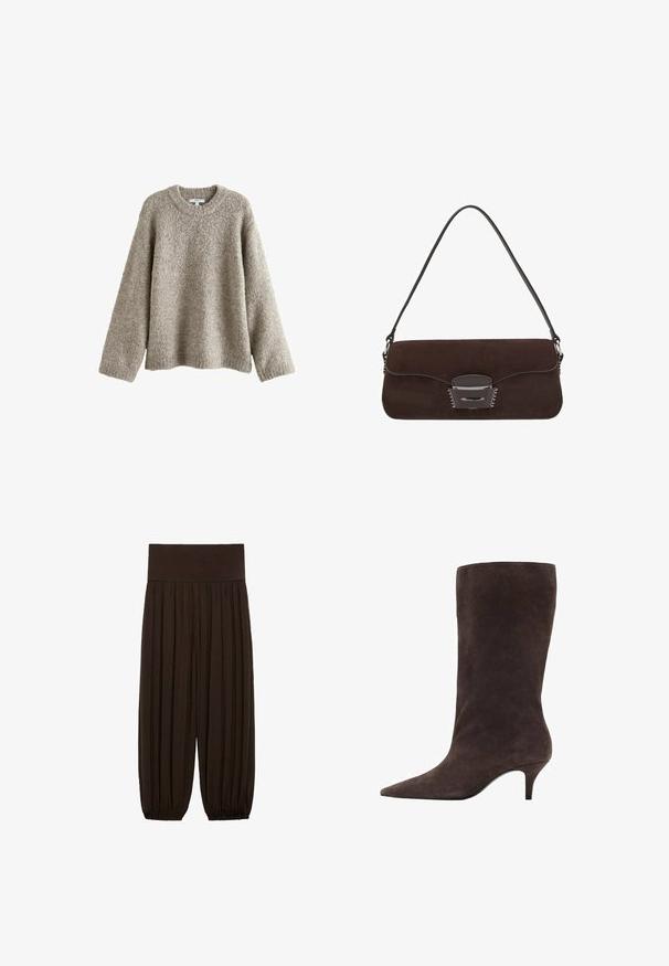Jasnobrązowy, strukturalny sweter z okrągłym dekoltem, opuszczonymi ramionami i długimi rękawami; wykonany z miękkiego, puszystego materiału.; Brązowe spodnie z plisami i szerokim, elastycznym pasem. Materiał jest lekki i teksturowany, z marszczonymi wykończeniami u dołów.; Brązowy zamszowy botek do kolan z wysmukłym noskiem i średnim obcasem, charakteryzujący się gładką teksturą i eleganckim wzornictwem.; Brązowa torebka zamszowa z długim skórzanym paskiem, srebrnymi akcentami, prostokątnym kształtem i płaską klapą z centralnym ozdobnym elementem.