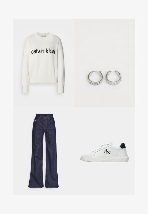 Maglione bianco a maglia con scollatura tonda e maniche lunghe, caratterizzato da un logo nero "calvin klein" sul petto. Texture morbida, taglio corto.; Jeans a gamba larga di denim blu scuro con vita alta, caratterizzati da cuciture arancioni, design a cinque tasche e chiusura con bottone.; Sneaker bassa bianca con tassello nero sul tallone, suola a piattaforma, lacci e logo "CK" di Calvin Klein sul lato.; Orecchini a cerchio in argento con un design testurizzato caratterizzato da scanalature verticali. Forma circolare con una chiusura a scatto sicura. Finitura liscia.