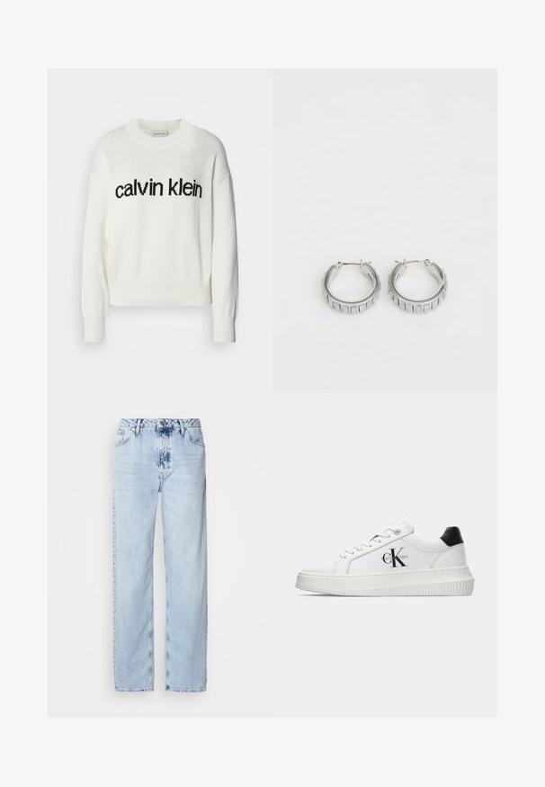 Pull en tricot blanc avec un col rond et des manches longues, présentant un logo "calvin klein" noir sur la poitrine. Texture douce, coupe courte.; Jeans large bleus clairs en denim, avec une taille haute, un lavage décoloré et un motif tie-dye subtil à l'avant.; Baskets basses blanches avec un tab de talon noir, semelle plateforme, lacets et logo "CK" de Calvin Klein sur le côté.; Boucles d'oreilles en argent en forme de créole avec un design texturé comportant des rayures verticales. Forme circulaire avec un fermoir à attache sécurisée. Fini lisse.