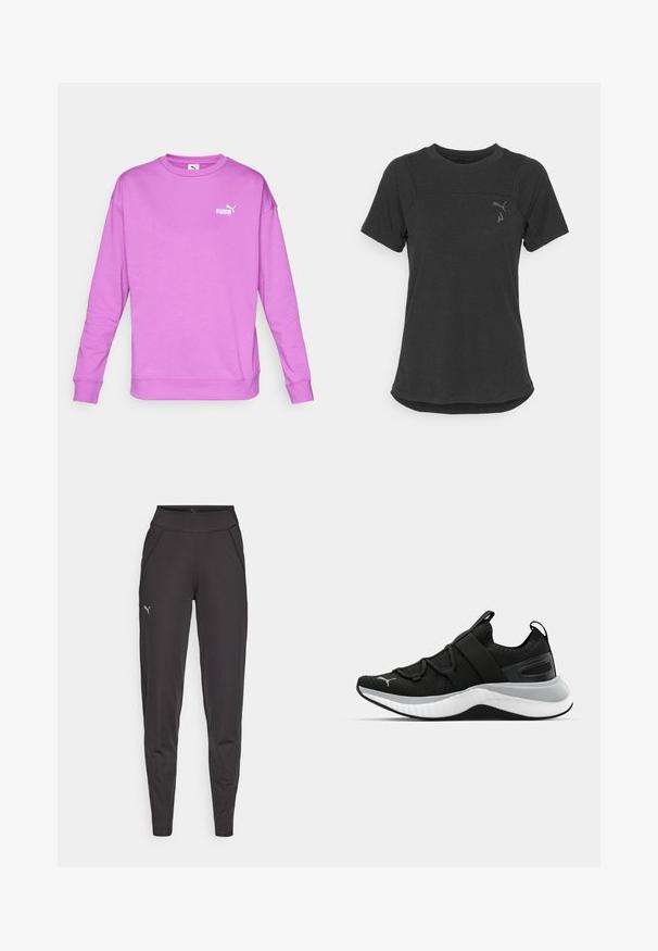 Puma SMALL LOGO RELAXED CREW - Felpa - wild berry; T-shirt performance a maniche corte nera realizzata in tessuto morbido e traspirante. Presenta un orlo arrotondato e un logo discreto sul lato sinistro del petto.; Leggings sportivi neri in tessuto elasticizzato, con vita alta, tasche laterali e un piccolo logo riflettente sulla coscia sinistra.; Scarpa sportiva nera con tomaia testurizzata, cinghie elastiche e una spessa suola intermedia bianca. Presenta un accento grigio lungo la suola.