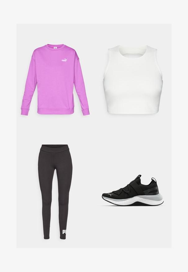 Puma SMALL LOGO RELAXED CREW - Melegítőfelső - wild berry; Fehér ujjatlan crop top sima anyagból, kerek nyakú, nyitott hátrésszel, rendezett varrásokkal az élein.; Fekete leggings rugalmas anyagból, magas derékkal és fehér logóval, amely a bal alsó lábszáron található. Sima textúrájú.; Fekete sportcipő textúrázott felső résszel, rugalmas pántokkal és vastag fehér középtalppal. Szürke akcentussal rendelkezik a talp mentén.