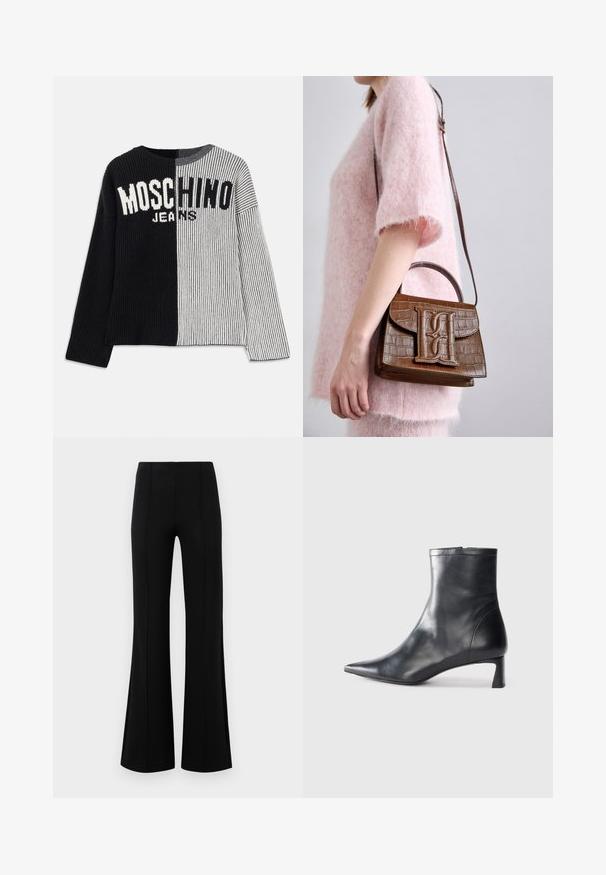 Adīts džemperis ar sadalītu dizainu melnā un pelēkā ribošanā, ar uzrakstu "MOSCHINO JEANS" treknrakstā baltā krāsā krūšu rajonā. Apaļa izgriezuma forma.; Melnas platas bikses ar augsto jostasvietu, izgatavotas no elastīga auduma. Satur vertikālas šuvju detaļas priekšpusē un gludu tekstūru.; Melnas ādas potītes zābaki ar norādītu pirkstu un elegantu dizainu. Iezīmē zemu papēdi un rāvējslēdzēja aizdari aizmugurē. Gluda tekstūra.; Brauns krokodila raksturs somiņa ar augšējo rokturi un plecu siksnu. Priekšējā klapā ir izcils logotips. Mīksta tekstūra.