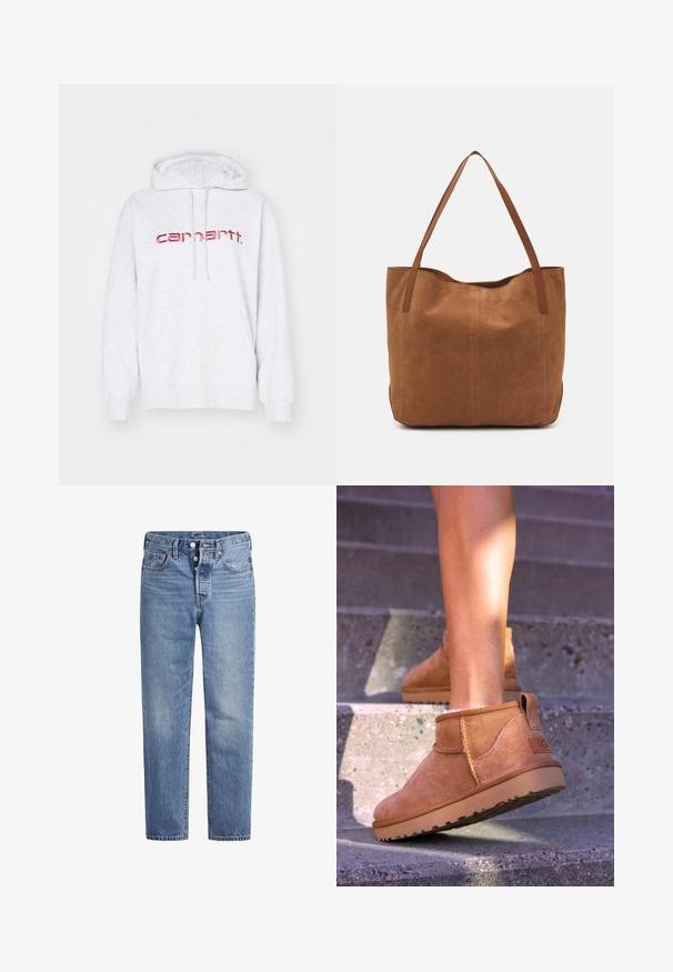 Sweatshirt cinza claro em mistura de algodão, com um bolso tipo canguru, punhos canelados e um destacado logótipo "carhartt." em vermelho na parte da frente.; Jeans de denim azul claro com corte reto, design de cinco bolsos e fecho de botão. Apresenta um desbotado subtil e detalhes de costura laranja.; Botas de tornozelo em camurça clara com uma textura suave, detalhes costurados e sola em borracha, apresentando um salto com alça para facilitar o calçar.; Saco tote em camurça castanha com duas alças longas, apresentando uma textura suave, design simples e sem hardware ou detalhes visíveis.