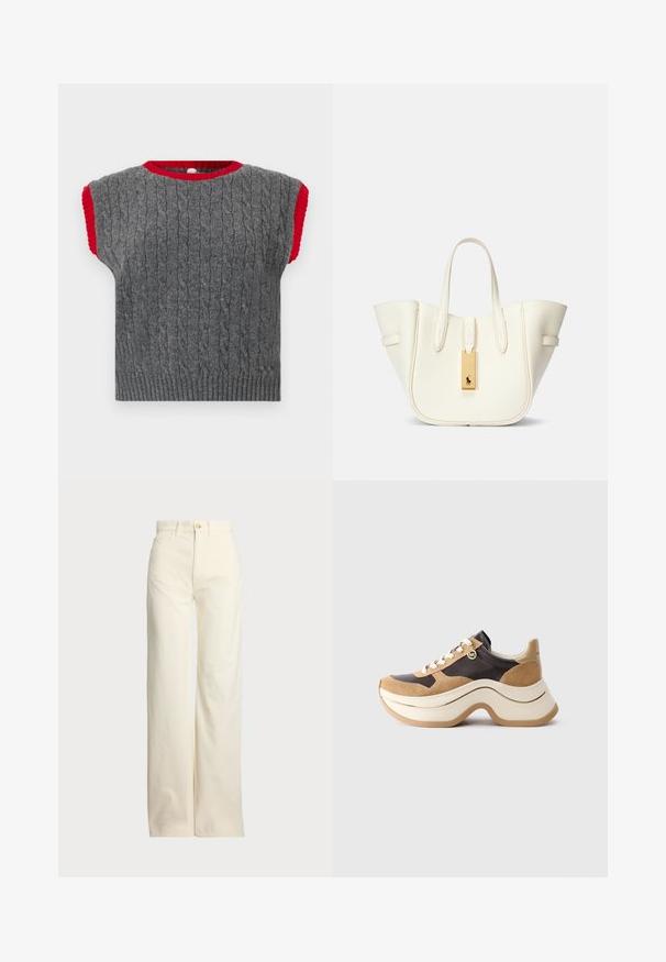 Pull en tricot gris avec un motif en torsades, à manches courtes, et un col et des bords de manches en côte rouges contrastants.; Polo Ralph Lauren COTTON CORDUROY WIDE-LEG PANT - Pantalon classique - warm white; Sneaker à semelle épaisse en beige et marron foncé avec des accents en daim, lacets blancs et un petit charme MK doré sur le côté.; Sac fourre-tout en cuir blanc avec une forme structurée, des coutures marquées, une étiquette en matériel doré et deux poignées. Surface texturée avec des poches latérales.