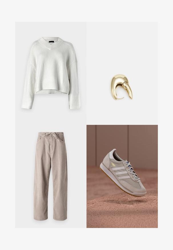 Hvit cropped genser med V-hals, ribbestrikket kant og lange ermer. Laget av et mykt, teksturert strikkemateriale. Enkel og allsidig design.; Beige kordfløyelsbukser med løs passform, med strikk i livet, to frontlommer og vertikal ribbet tekstur.; Beige joggesko med overdel i semsket skinn og mesh, hvite tre striper, såle i gummigummi, blå lisser og gullfarget logo. Klassisk retrodesign.; Gullfarget metalløredobber med et elegant, buet design. Har en karakteristisk spiss form, polert overflate og hengsel-lukking.