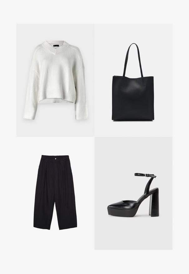 Weißer, gekürzter Pullover mit V-Ausschnitt, geripptem Saum und langen Ärmeln. Hergestellt aus einem weichen, strukturierten Strickmaterial. Einfaches und vielseitiges Design.; Schwarze Polyester-Culotte mit einem elastischen Bund, zwei vorderen Falten und einer lockeren Silhouette. Keine sichtbaren Muster oder Hardware-Details.; Schwarze Plateau-High Heels mit spitzem Zeh und verstellbarem Knöchelriemen. Gefertigt aus glattem Leder und mit einem klobigen Blockabsatz.; Schwarze Laptoptasche aus Leder mit glatter Textur, rechteckiger Form und zwei langen Griffen. Keine sichtbaren Beschläge oder Verzierungen.