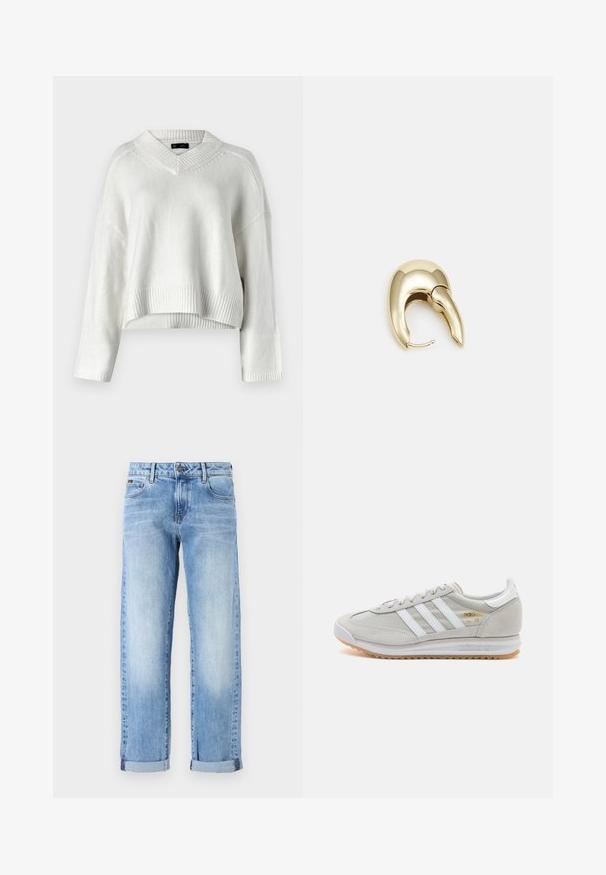 White cropped sweater with a V-neck, ribbed hem, and long sleeves. Made of a soft, textured knit material. Simple and versatile design.; Light blue denim jeans with rolled cuffs, front button and zipper, and classic five-pocket design on a white background.; Light grey sneaker made of suede and mesh, featuring three white stripes, round toe, and a gum rubber sole. Gold logo accent near laces.; Gold-tone metal earring with a sleek, curved design. Features a distinctive pointed shape, polished surface, and hinge closure.