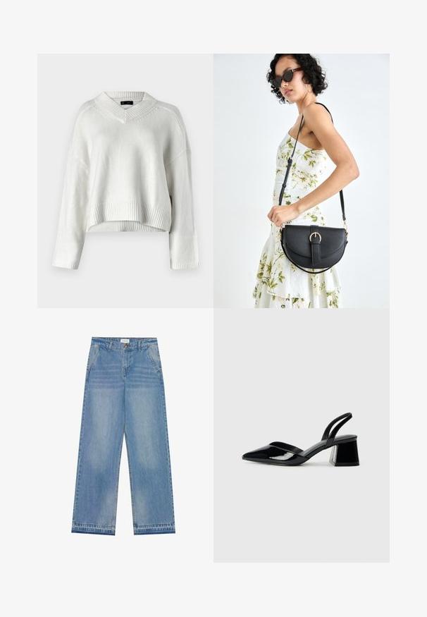 Weißer, gekürzter Pullover mit V-Ausschnitt, geripptem Saum und langen Ärmeln. Hergestellt aus einem weichen, strukturierten Strickmaterial. Einfaches und vielseitiges Design.; Helle blaue hochgeschnittene Schlagjeans mit Knopfverschluss, Fronttaschen, Gürtelschlaufen und subtilen Ausbleichungen.; Schwarze Lackleder-Slingback-High Heels mit spitzem Schuh und einem geometrischen Blockabsatz. Verfügt über ein schlankes, minimalistisches Design und eine glatte Textur.; Schwarze Lederhandtasche mit geschwungener Form, abnehmbarem Tragegurt und goldenen Beschlägen. Die Tasche verfügt über einen Deckel mit einer Schnallen-Details.