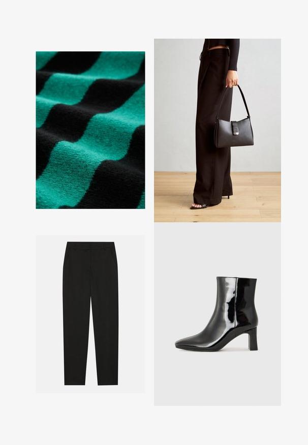 Gewebter Stoff mit abwechselnden Streifen in Türkis und Schwarz. Die Textur ist weich und fuzzy, mit sichtbaren Fasern und einem diagonalen Muster.; Schwarze Hosen mit taillierter Passform, ausgestattet mit seitlichen Taschen und geradem Bein. Hergestellt aus glattem, leichtem Stoff mit einem eleganten Finish.; Schwarzer Lackleder-Stiefelette mit spitzer Zehe und einem mittelhohen Blockabsatz. Glatte Textur und minimalistisches Design.; Schwarze Handtasche mit strukturierter Form, glatter Textur und einem metallischen Verschluss. Kombiniert mit weiten schwarzen Hosen und offenen Sandalen auf einem Holzboden.