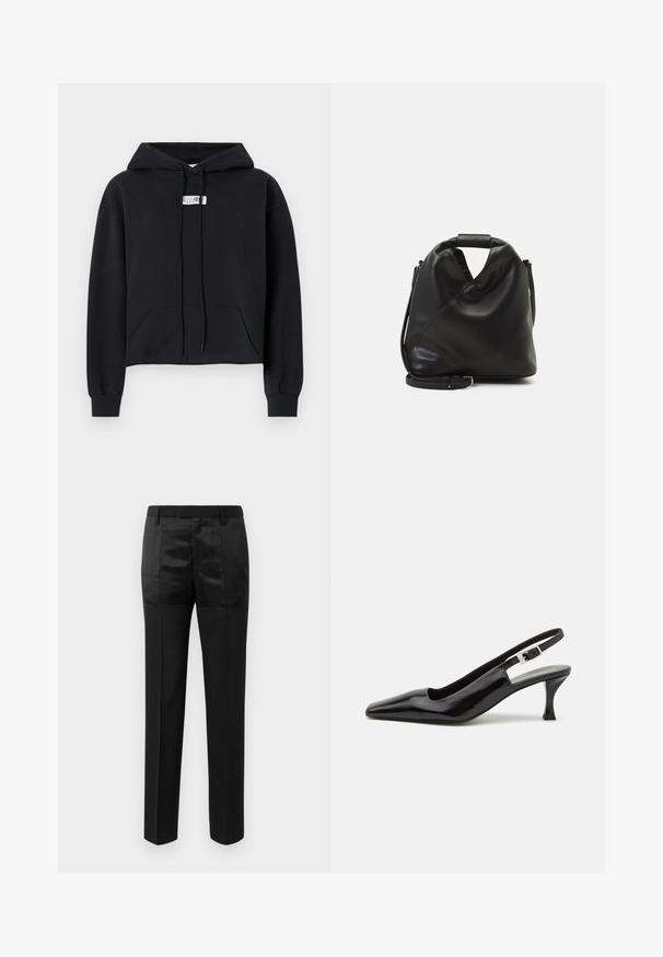 MM6 Maison Margiela Hoodie - washed black; Black tailored trousers with straight legs and a waistband with belt loops, featuring a mix of matte and shiny fabric panels.; Black patent slingback high-heel shoes with a pointed toe and a silver buckle detail at the heel, featuring a smooth, glossy finish.; Black, soft leather bag with a unique twisted design. Features a short handle and a detachable shoulder strap. Minimalist style.