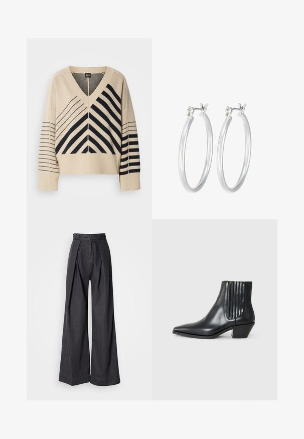 V-paita beige neuloksessa, jossa on mustia diagonaalisia ja vaakasuoria raitoja, leveillä hihoilla ja ribbaustakeilla. Brändin etiketti: BOSS.; Mustat leveälahkeiset farkut korkealla vyötäröllä, joissa on etupleseet ja klassinen vetoketjukiinnitys. Raikas, sileä pinta ja siisti viimeistely.; Musta nahkainen nilkk boot, jossa on terävä kärki, elastiset sivupaneelit pystyröytiä ja matala lohkarepohja. Sileä pinta ja tyylikäs muotoilu.; Hope-silver rengas, joissa on sileä ja kiillotettu pinta. Pyöreä muoto ja turvallinen napsautettava lukitus. Kevyt muotoilu sopii päivittäiseen käyttöön.