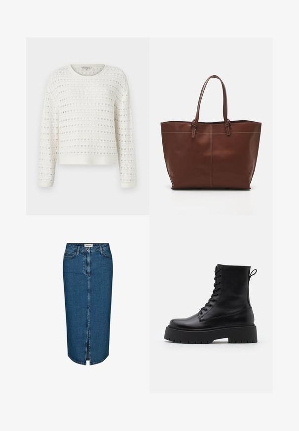 Pull en tricot blanc avec un motif texturé à mailles ouvertes, col rond et manches longues. Bords côtes au bas et aux poignets.; Jupe crayon en denim bleu foncé, avec une fente avant, cinq poches et des coutures contrastées. Taille mi-haute avec un design classique.; Bottines en cuir noir avec un bout rond, un laçage à l'avant et une épaisse semelle en caoutchouc dotée d'un motif texturé. Tirer au dos.; Sac fourre-tout en cuir marron avec poignées doubles, présente des coutures contrastées et un design spacieux, adapté à un usage quotidien.