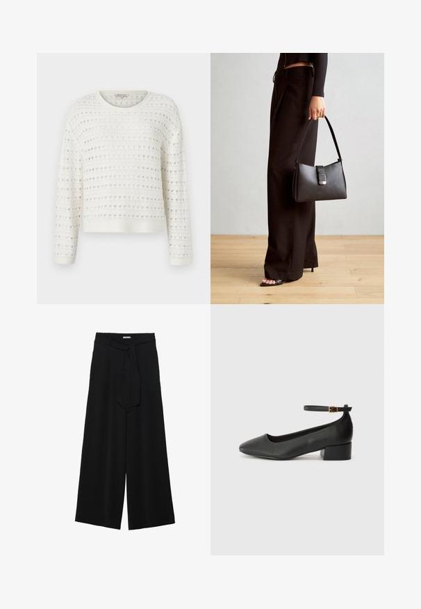Witte gebreide trui met een textuuroppervlak met open geweven patroon, ronde halslijn en lange mouwen. Geribbelde onderkant en manchetten.; Zwarte wijde broek van textuurstof, met een elastische tailleband en een afneembare sjaalstrik in de taille voor een verstelbare pasvorm.; Zwarte leren pump met een spitse neus en een lage blokhak. Beschikt over een enkelband met een goudkleurige gespsluiting. Gladde textuur.; Zwarte handtas met gestructureerde vorm, gladde textuur en een metalen sluiting. Gecombineerd met brede zwarte broeken en sandalen met open teen op een houten vloer.