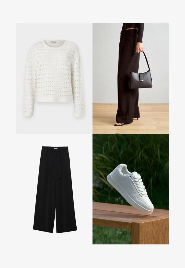 Pulover alb din tricot, cu un model texturat și țesătură deschisă, guler rotund și mâneci lungi. Marginile și manșetele au un finisaj cu nervuri.; Pantaloni largi negri dintr-un material texturat, cu un tiv elastic și o panglică detașabilă la talie pentru un fit ajustabil.; Sneaker alb cu un upper sintetic neted, cu vârf perforat, șireturi plate și o talpă texturată, expus pe o suprafață de lemn.; Genți negre cu o formă structurată, textură netedă și un închizător metalic. Asortată cu pantaloni negri largi și sandale cu vârf deschis pe un podea din lemn.