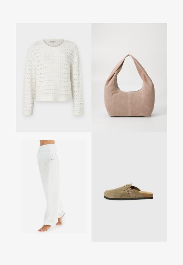 White knitted sweater featuring a textured pattern with open weave, round neckline, and long sleeves. Ribbed hem and cuffs.; White, loose-fitting pants with a gathered waistband and drawstring. Smooth texture with side seams, designed for comfort and mobility.; Suede clog-style slipper in olive green with a narrow strap and metal buckle detail. Features a cork footbed and black rubber sole.; Hobo bag made of soft, suede material in a light beige color. Features a rounded shape with a wide strap and zip closure.