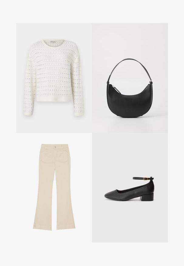 Bela pletena pulover s teksturiranim vzorcem in odprto tkanino, okroglim izrezom in dolgimi rokavi. Rebrast rob in manšete.; Bež hlače s širokim nogavicami in visokim pasom, narejene iz bombažnega blaga. Imajo sprednje in zadnje žepe, zanke za pas ter en sam srebrn gumb.; Črne usnjene pumpice z nazobčanimi prsti in nizko blokasto peto. Imajo trak okoli gležnja z zaponko v zlatem tonu. Gladka tekstura.; Črna usnjena torba za rame s ukrivljeno obliko, ozkimi ročajem in zadrgo. Ima gladko teksturo in diskretno podrobnost z logotipom.