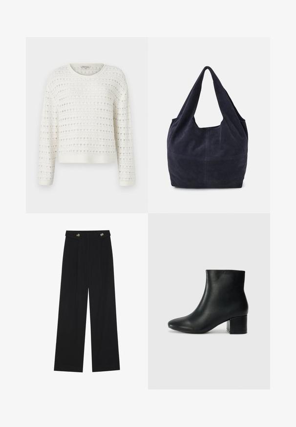 Sweater branco de malha com um padrão texturizado e trama aberta, gola redonda e mangas longas. Barra e punhos canelados.; Calças largas pretas com cintura alta, detalhes em botão na cintura e pregas frontais.; Botas de tornozelo em pele preta com bico pontiagudo e um salto robusto. Textura suave com acentos mínimos e um design ajustado e elegante.; Pasta de mão em camurça azul marinho com um design flexível, alças largas para o ombro e detalhes de costura visíveis no corpo.