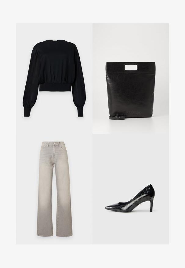 Schwarze, cropped Bluse mit rundem Ausschnitt, puffierten langen Ärmeln und gerippten Bündchen. Sie verfügt über einen engen, elastischen Taillenbund und durchsichtige seitliche Einsätze.; Graue weit geschnittene Jeans mit einem verblassten Finish, Knopfverschluss, fünf Taschen und gestickten Details entlang der Nähte.; Schwarze spitz zulaufende High Heels mit glänzender Oberfläche und subtilem Texturmuster. Verfügt über einen moderaten Absatz und ein offenes Schlüpfen-Design.; Schwarze Leder-Tote-Tasche mit einem quadratischen Griff, ausgestattet mit einer strukturierten Oberfläche und geprägtem Logo. Inklusive abnehmbarem Tragegurt.