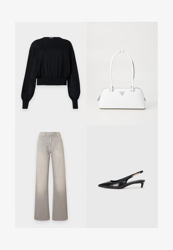 Musta lyhythihainen paita, jossa on pyöreä kaula-aukko, puffattuja pitkiä hihaisia ja ribattuja hihansuita. Ominaisuuksiin kuuluu tiukka elastisoitu vyötärö ja läpinäkyvät sivupaneelit.; Harmaat leveälahkeiset farkut, joissa on haalistunut pinta, nappisuljenta, viisi taskua ja ommeltu yksityiskohtaus saumoissa.; Mustat nahkaiset slingback-korkokengät, joissa on terävä kärki, ohuet korot ja kultasävytteinen yksityiskohta säädettävässä hihnassa. Silkkinen pinta.; Valkoinen nahkalaukku, jossa on kaareva muoto, hopeinen kolmion muotoinen logo ja vetoketjukiinnitys. Liukas pinta ja kaksinkertaiset kahvat.