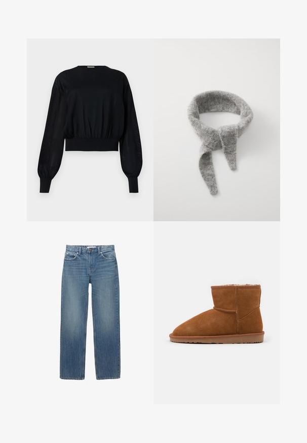 Czarna krótka bluzka z okrągłym dekoltem, bufkowymi długimi rękawami i prążkowanymi mankietami. Posiada ciasną elastyczną talię i przezroczyste boczne panele.; Jasnoniebieskie dżinsy z prostym krojem, pięcioma kieszeniami i miedzianymi detalami. Materiał ma delikatne przetarcia i gładką fakturę.; Brązowy zamszowy botek za kostkę z okrągłym noskiem i miękkim wyściółkiem, z płaską gumową podeszwą i minimalnymi detalami szewskimi.; Samsøe Samsøe NOR jasnoszary