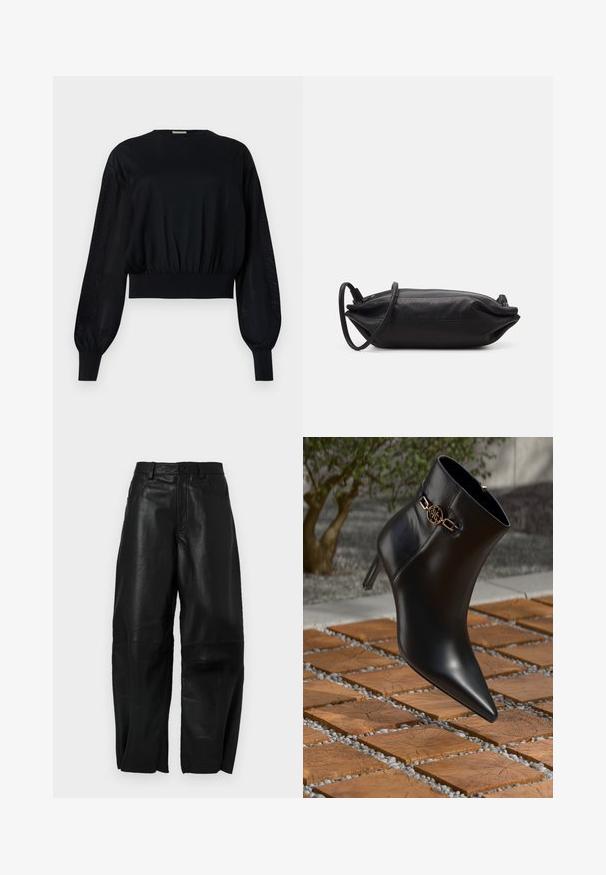 Schwarze, cropped Bluse mit rundem Ausschnitt, puffierten langen Ärmeln und gerippten Bündchen. Sie verfügt über einen engen, elastischen Taillenbund und durchsichtige seitliche Einsätze.; Schwarze Lederhose mit lockerer Passform, geradem Bein, Fronttaschen und sichtbaren Nähten.; Schwarze Leder-Ankle-Boots mit spitzem Zehen und kleinem Absatz. Mit einem goldenen Kettenakzent am Knöchel. Umgeben von einer strukturierten Steoberfläche.; Schwarze Leder-Clutch mit rechteckiger Form, glatter Textur, dünnem Schulterriemen und minimalistischer Gestaltung.